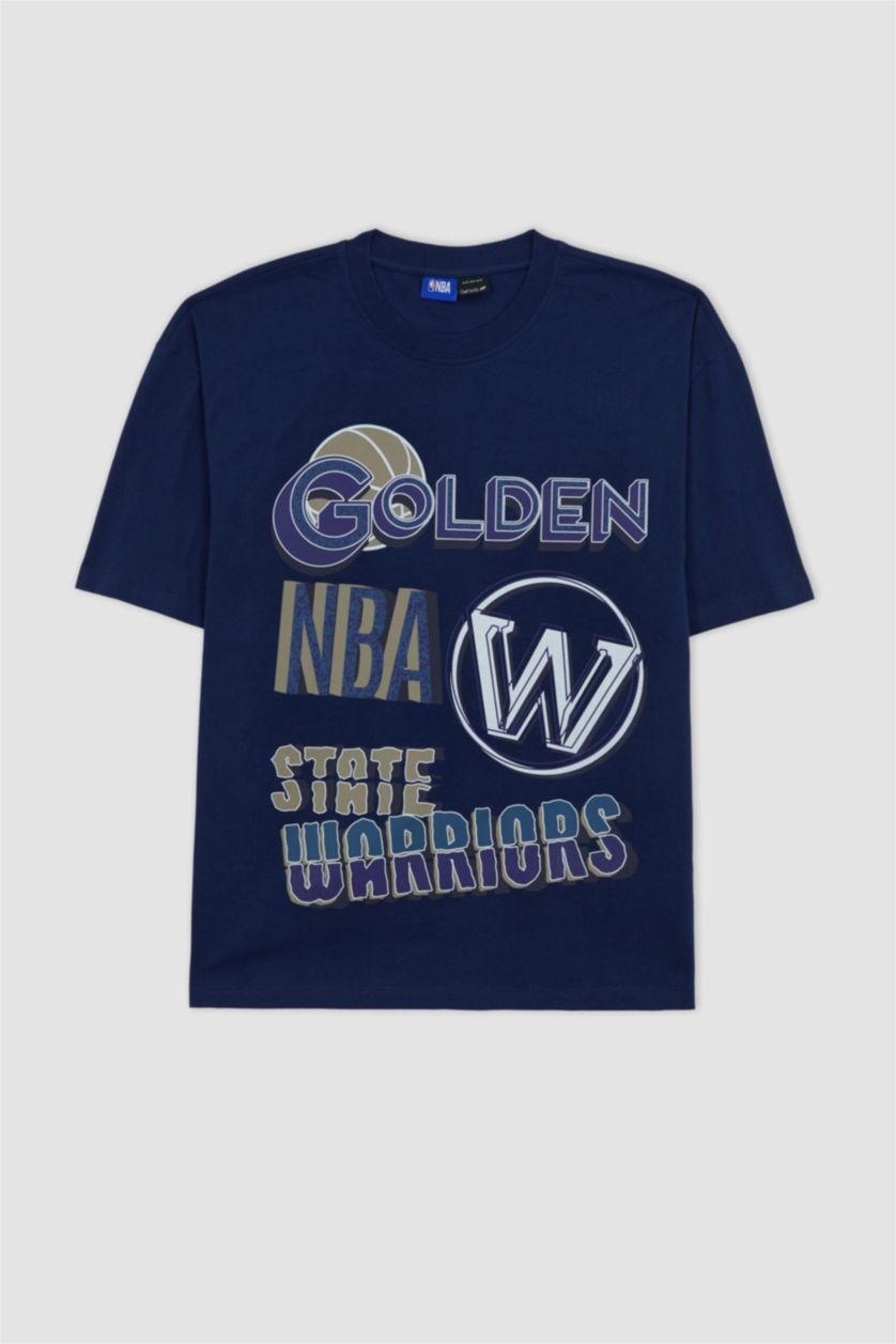 Man NAVY Defacto Fit NBA Golden State Warriors Licensed Oversize Crew Neck T-Shirt