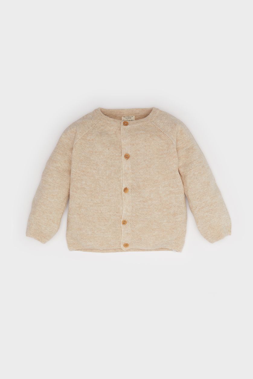 Erkek Bebek Bej Bisiklet Yaka Düğmeli Triko Hırka Erkek Bebek