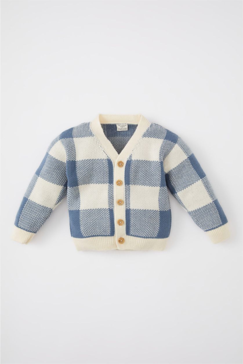 BABY BOY Beige Regular Fit V-Neck Cardigan Plaid