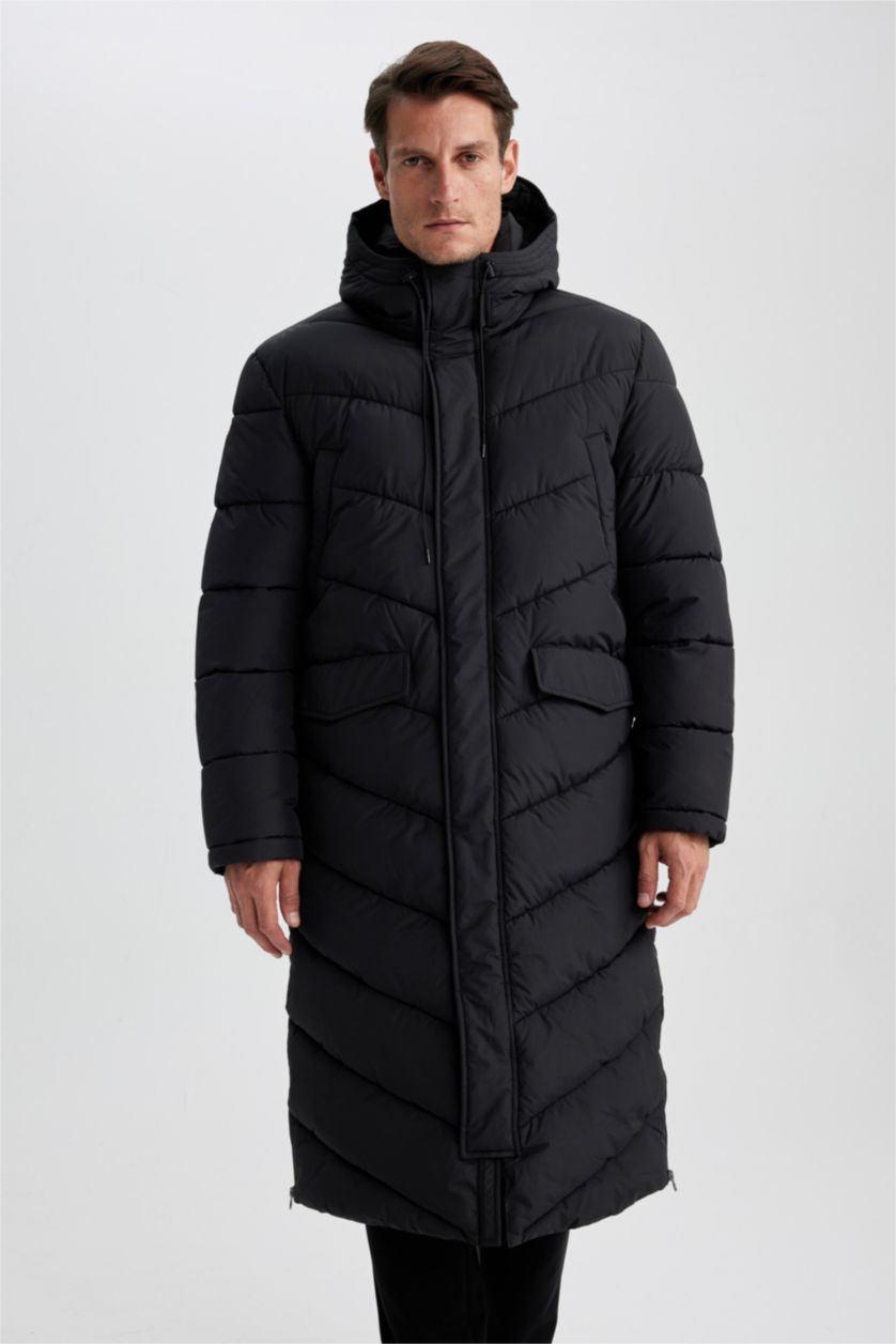 MAN Black Regular Fit Hooded Faux Fur  Long Puffer Jacket