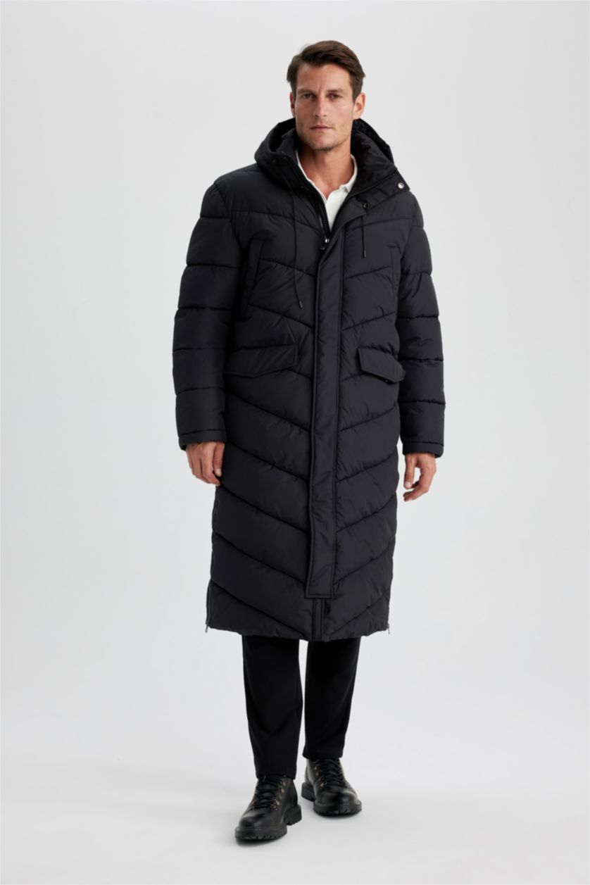 MAN Black Regular Fit Hooded Faux Fur  Long Puffer Jacket