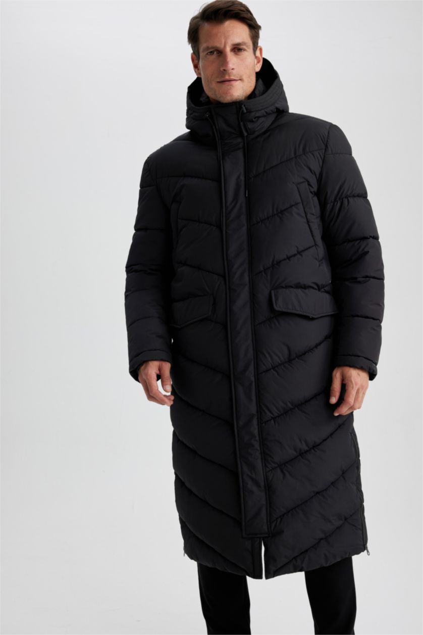 MAN Black Regular Fit Hooded Faux Fur  Long Puffer Jacket