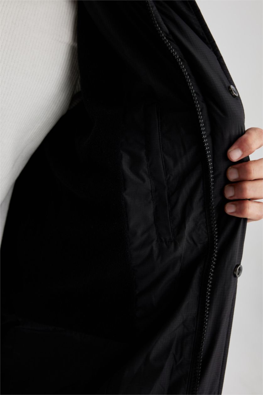 MAN Black Regular Fit Hooded Faux Fur  Long Puffer Jacket