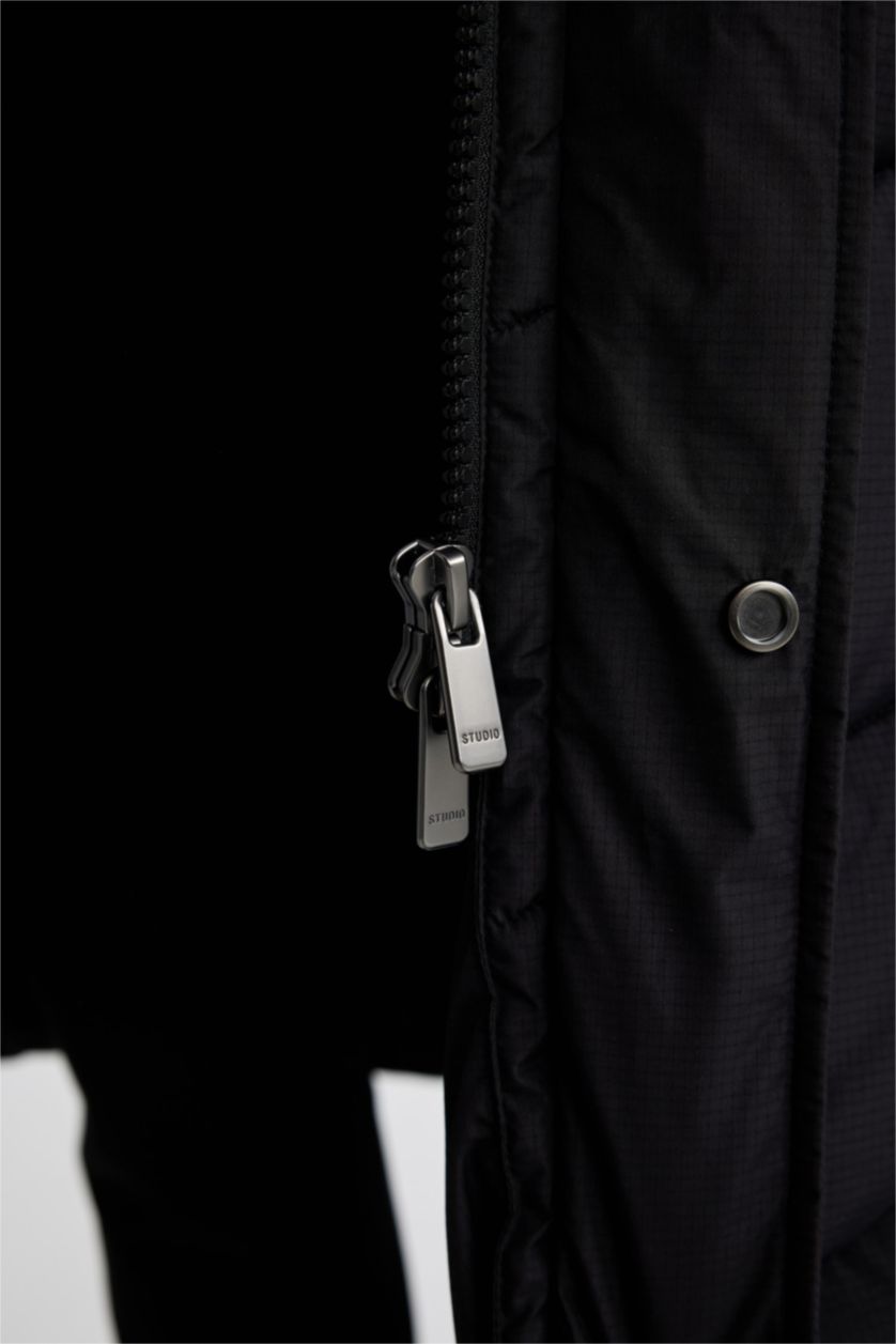 MAN Black Regular Fit Hooded Faux Fur  Long Puffer Jacket