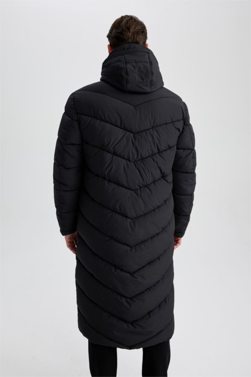 MAN Black Regular Fit Hooded Faux Fur  Long Puffer Jacket