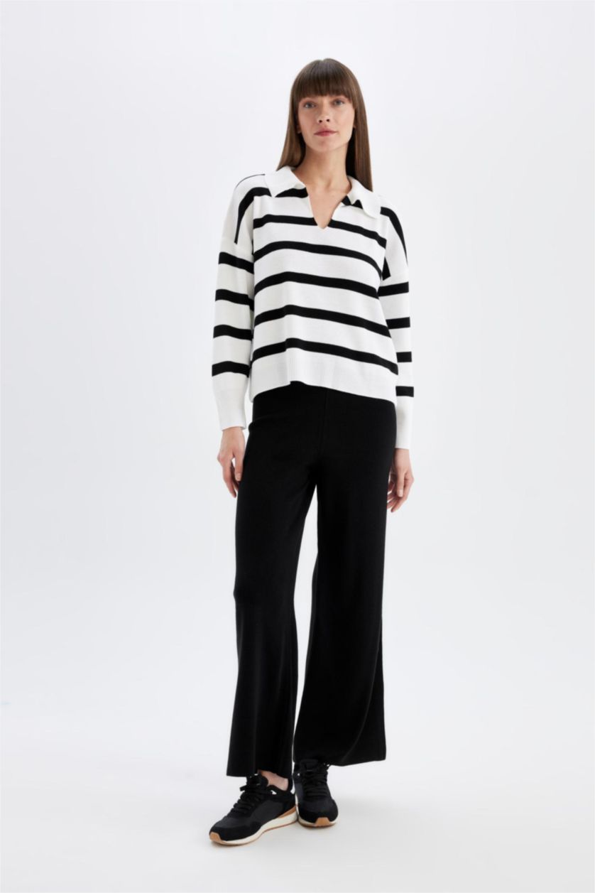 WOMAN Ecru Relax Fit Polo Neck Striped Pullover