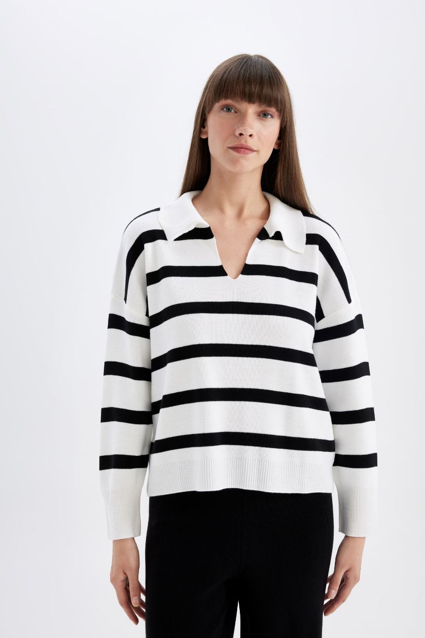 WOMAN Ecru Relax Fit Polo Neck Striped Pullover