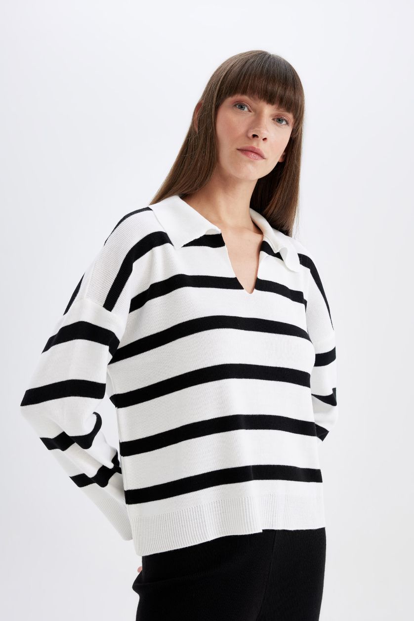 WOMAN Ecru Relax Fit Polo Neck Striped Pullover