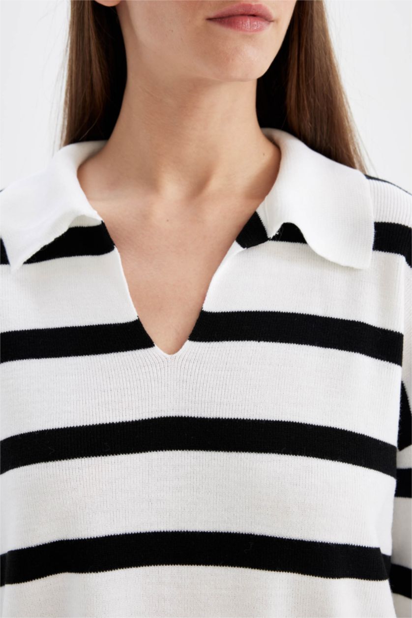 WOMAN Ecru Relax Fit Polo Neck Striped Pullover