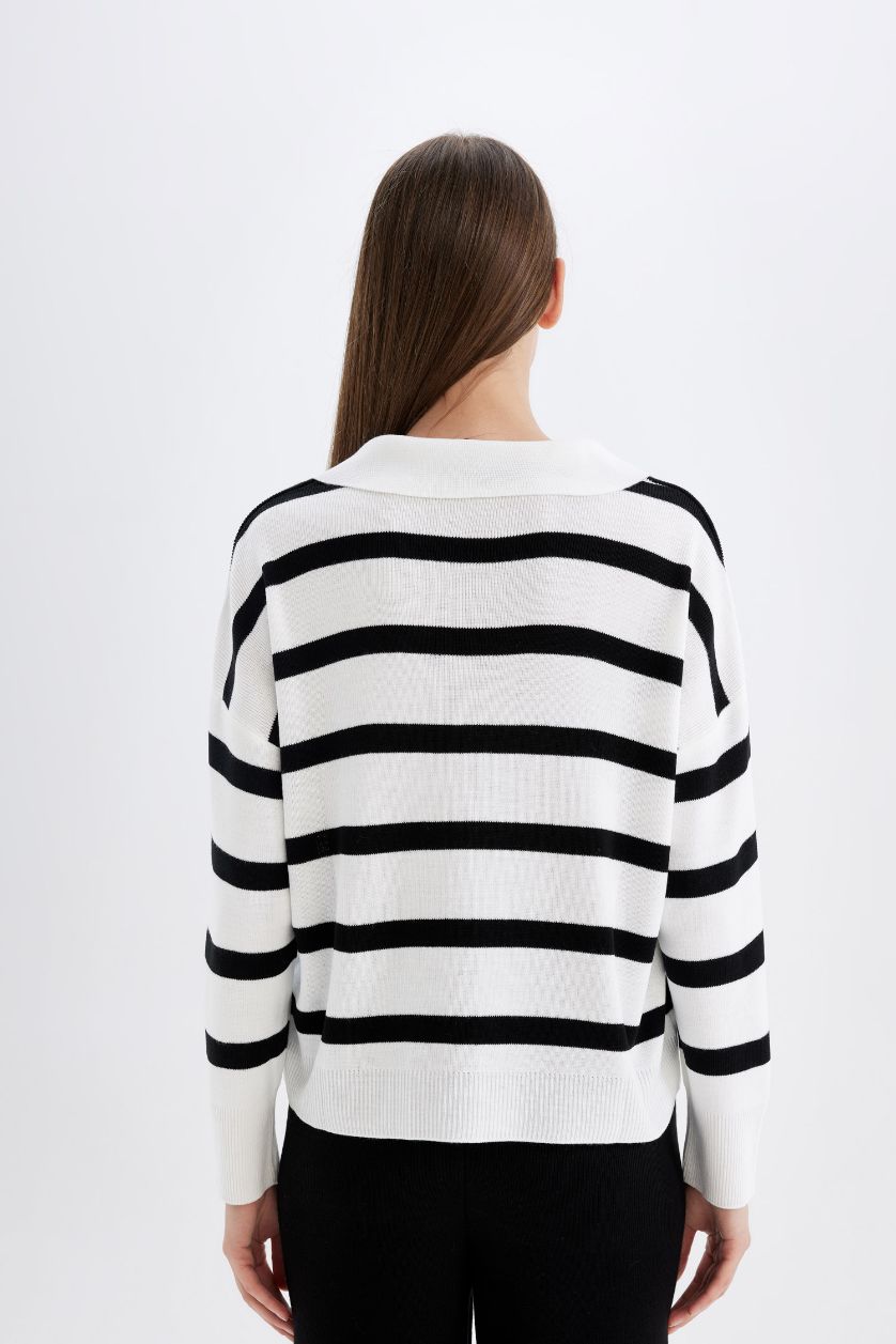 WOMAN Ecru Relax Fit Polo Neck Striped Pullover