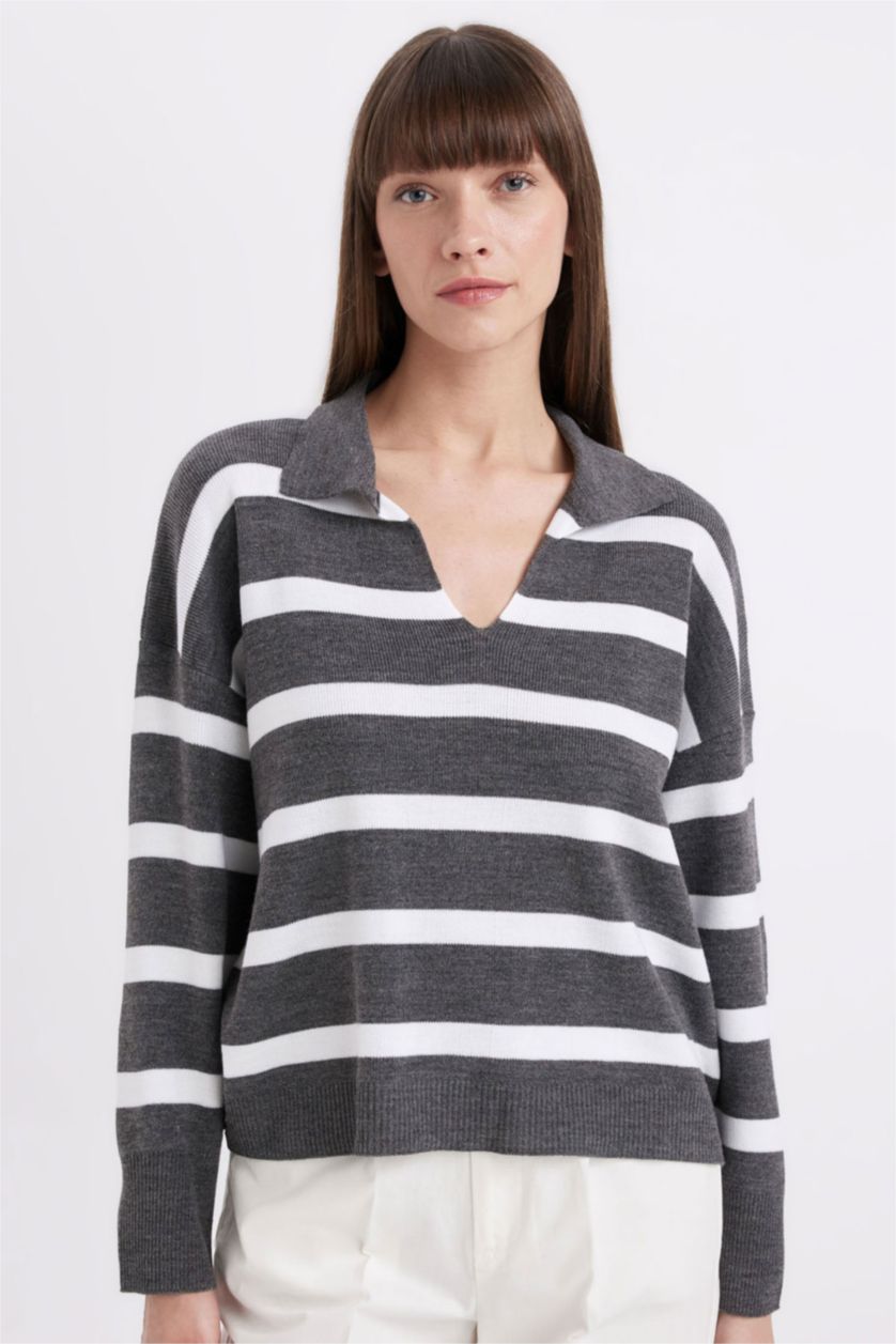 WOMAN Grey Relax Fit Polo Collar Striped Knitwear Pullover
