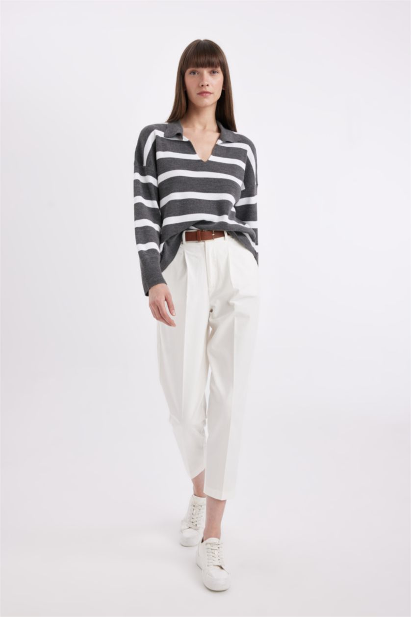 WOMAN Grey Relax Fit Polo Collar Striped Knitwear Pullover