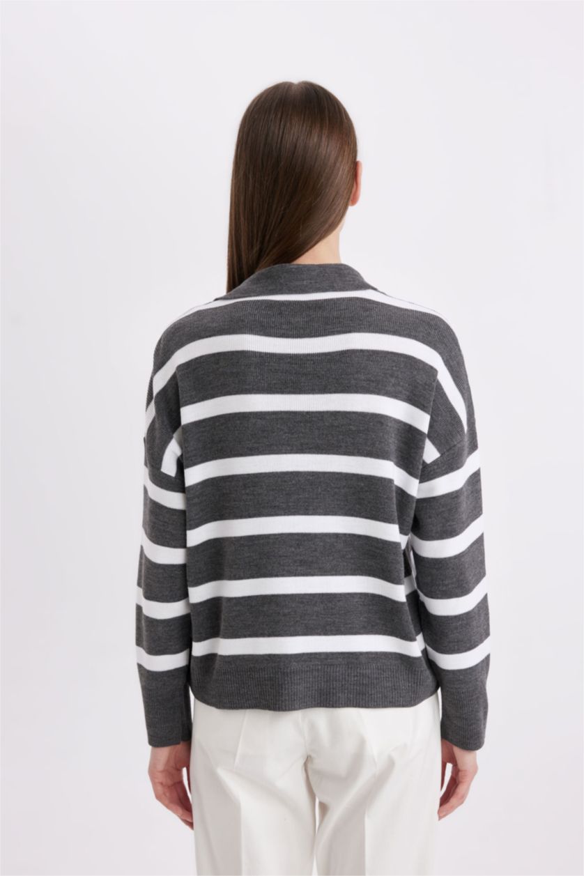 WOMAN Grey Relax Fit Polo Collar Striped Knitwear Pullover