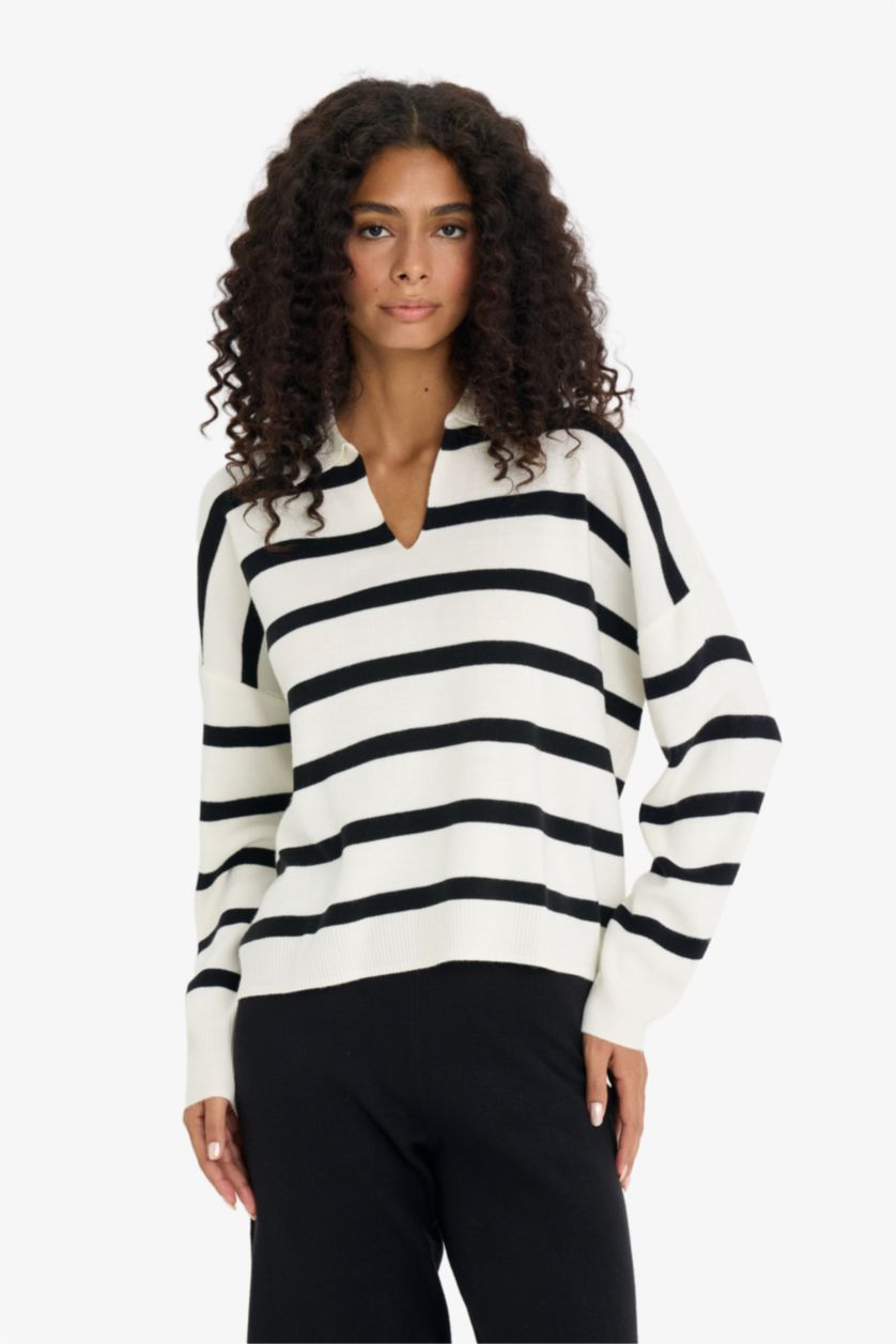 Kadın Ekru Relax Fıt Polo Yaka Triko Kazak