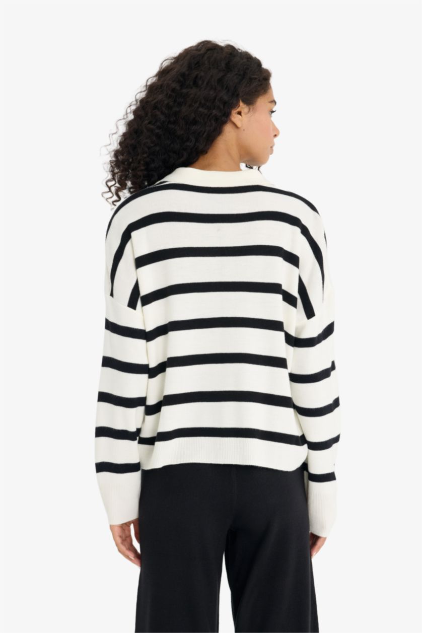 Kadın Ekru Relax Fıt Polo Yaka Triko Kazak