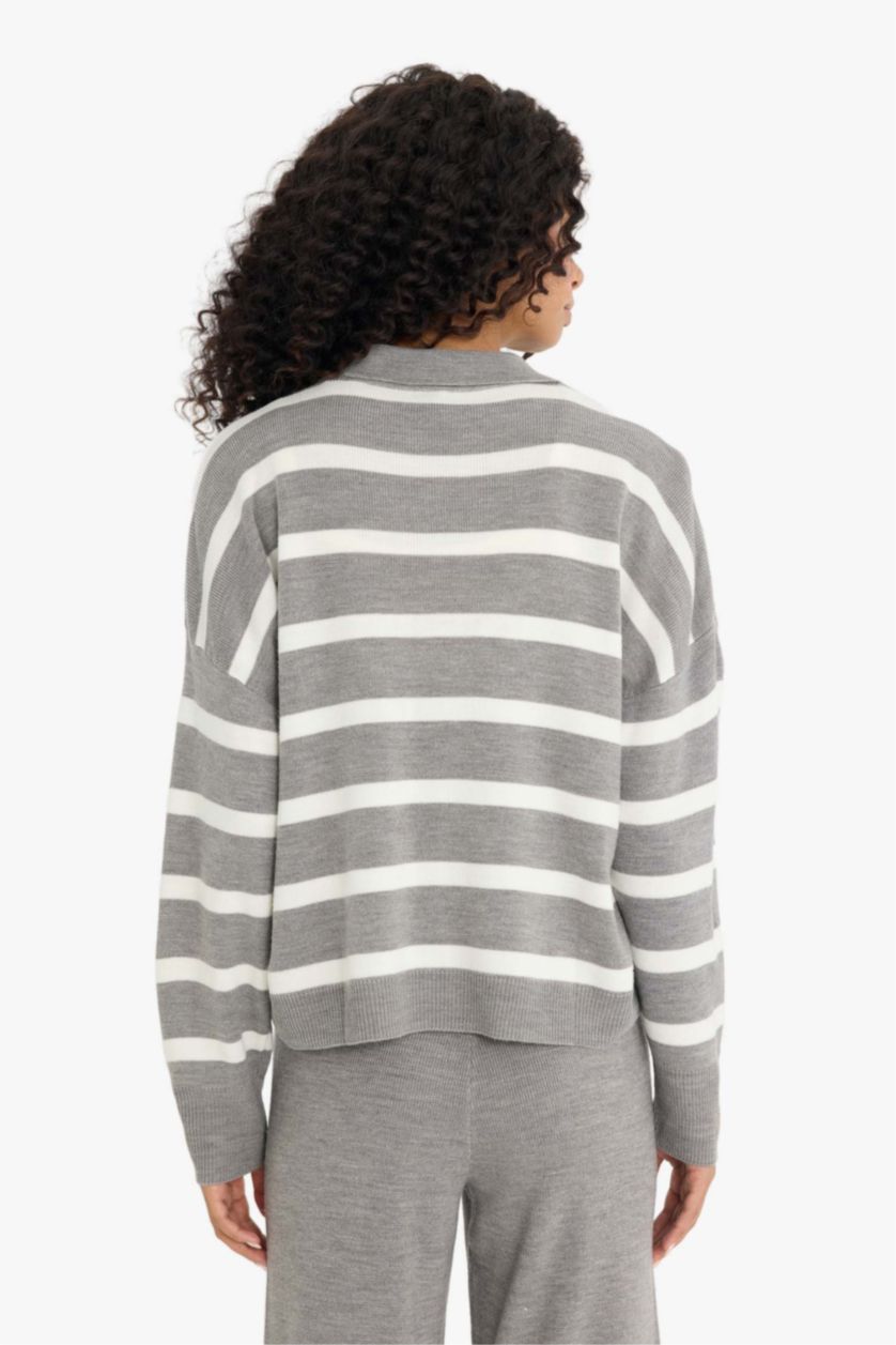 Женщины Серый Трикотажный свитер с поло-воротником, расслабленного кроя