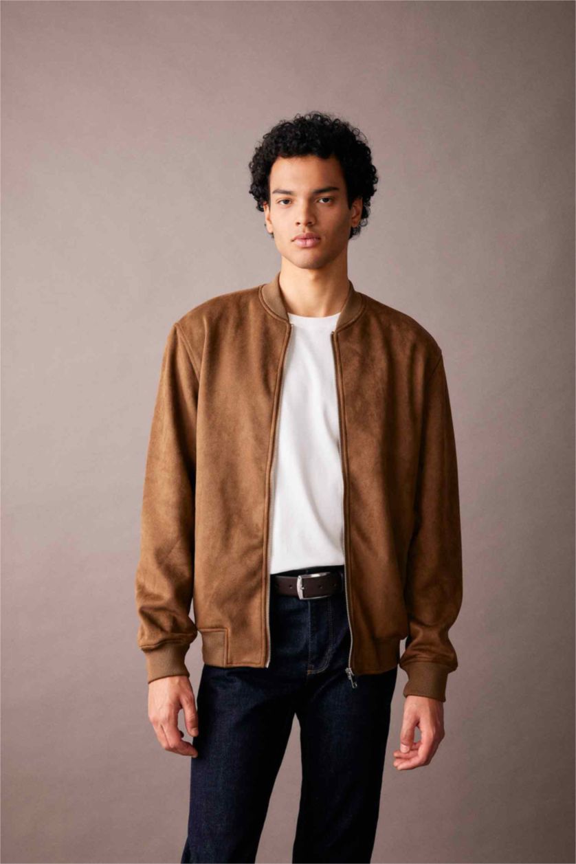 MAN Camel Slim Fit College Collar Bomber Suede Jacket