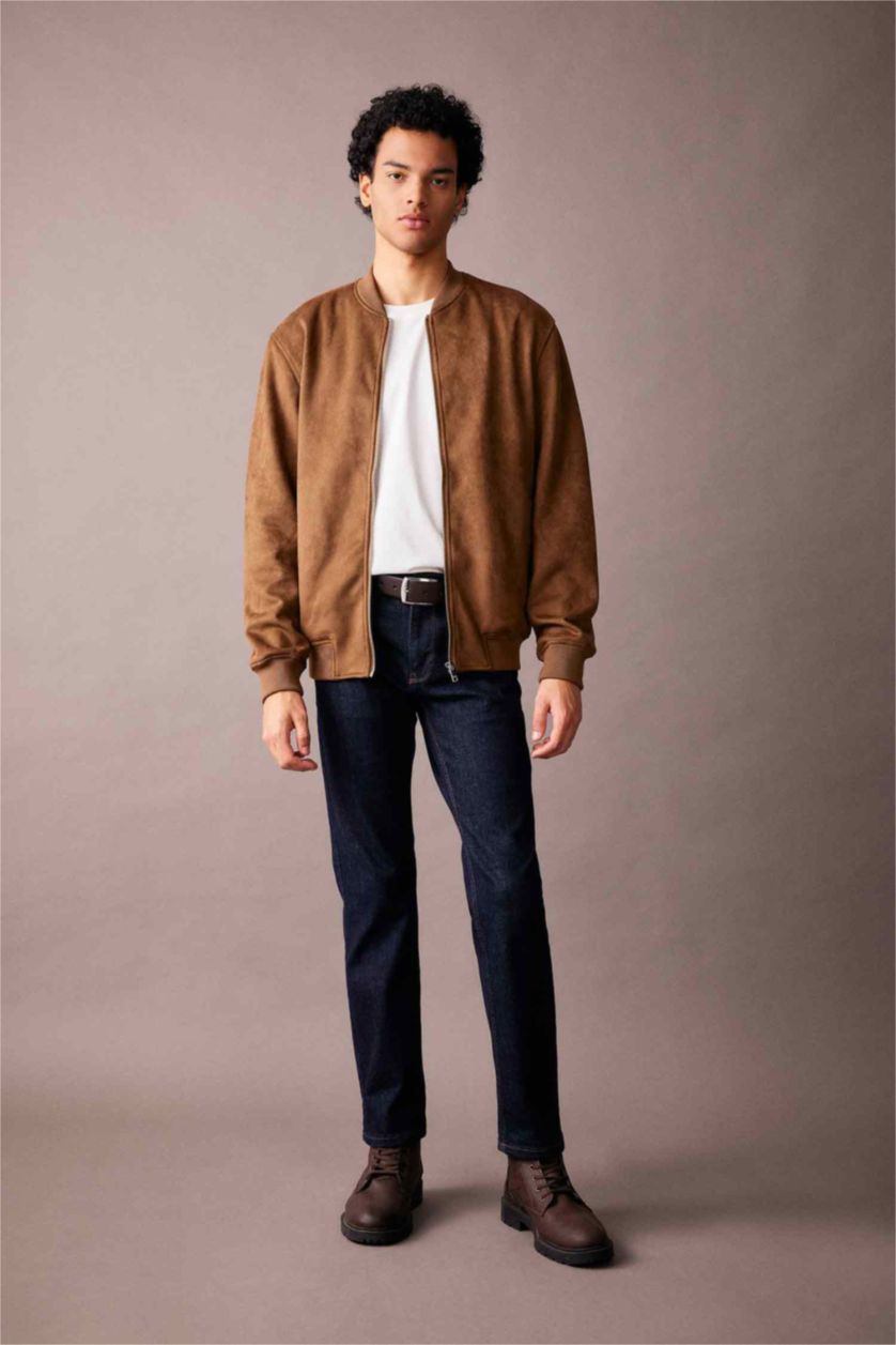 MAN Camel Slim Fit College Collar Bomber Suede Jacket
