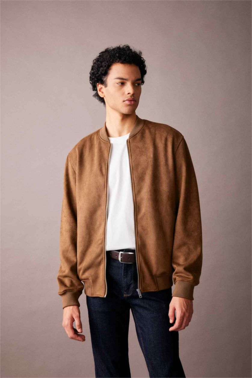 MAN Camel Slim Fit College Collar Bomber Suede Jacket