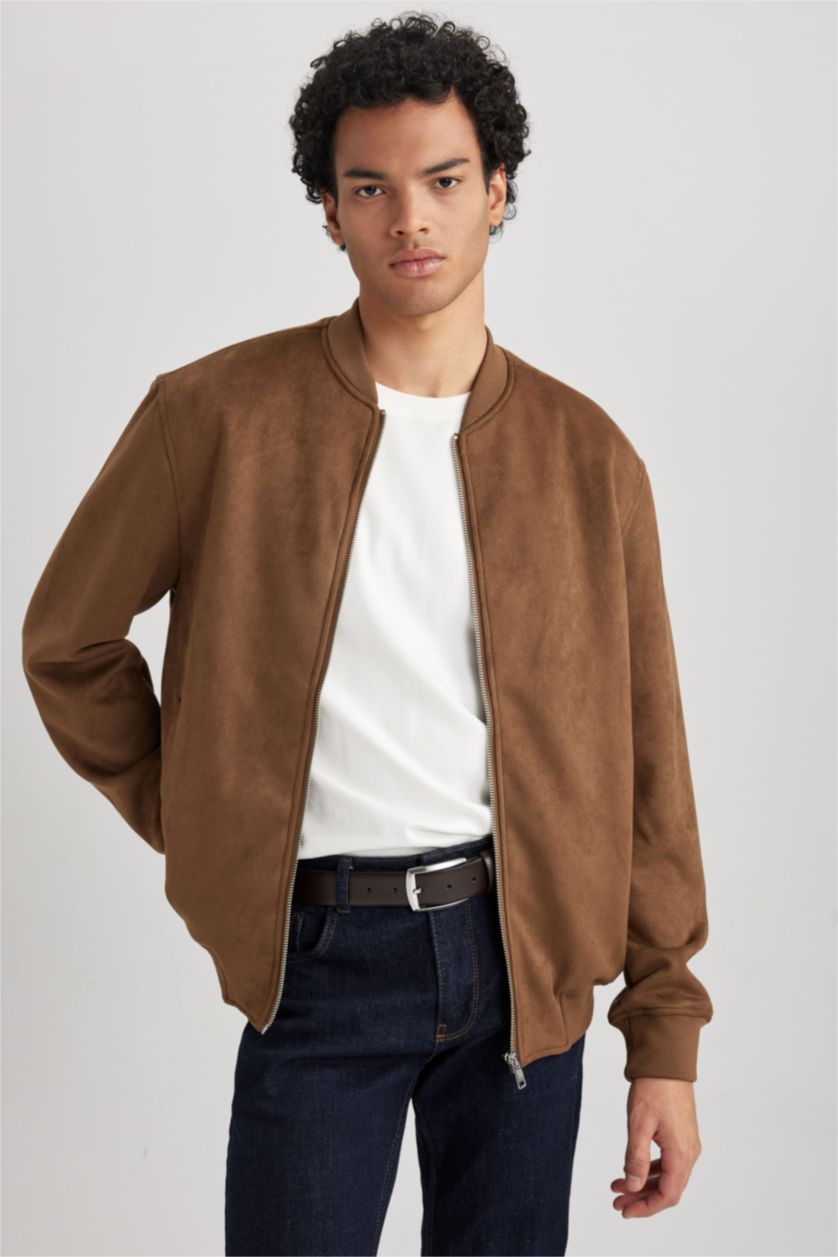 MAN Camel Slim Fit College Collar Bomber Suede Jacket