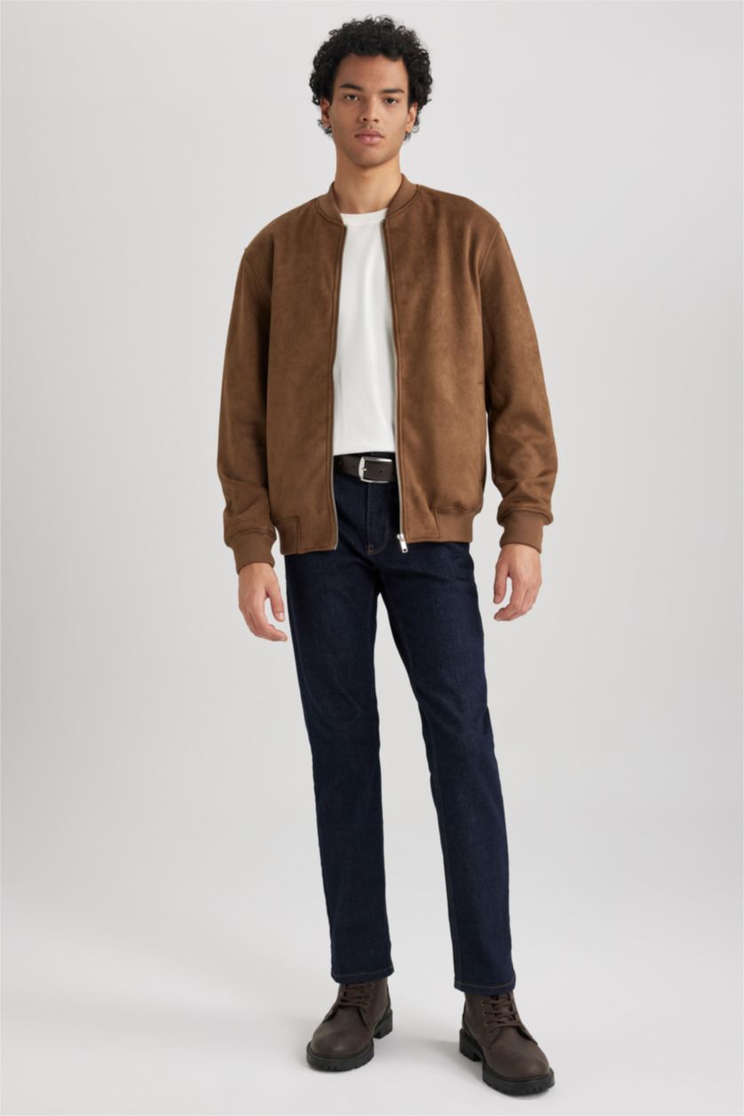 MAN Camel Slim Fit College Collar Bomber Suede Jacket
