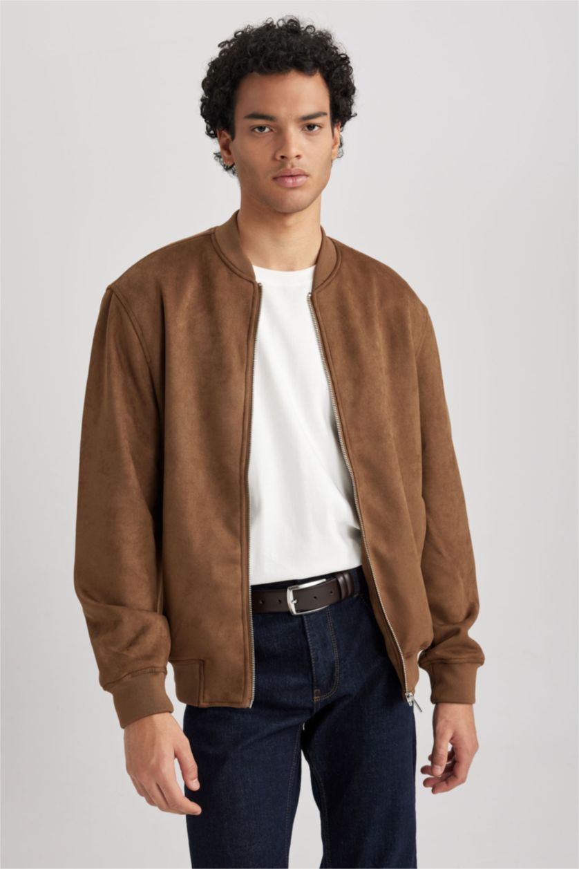 MAN Camel Slim Fit College Collar Bomber Suede Jacket