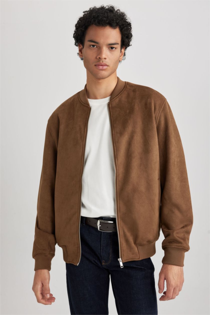 MAN Camel Slim Fit College Collar Bomber Suede Jacket