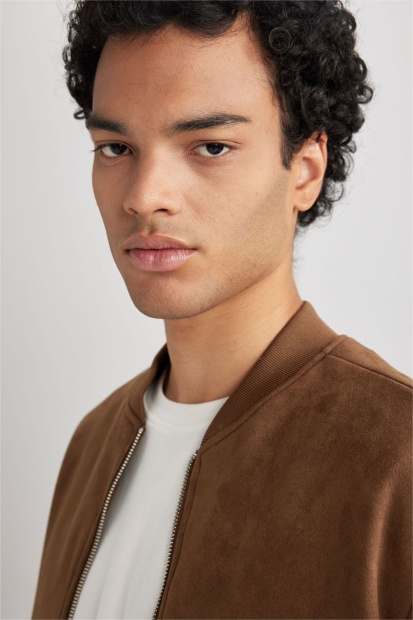 MAN Camel Slim Fit College Collar Bomber Suede Jacket