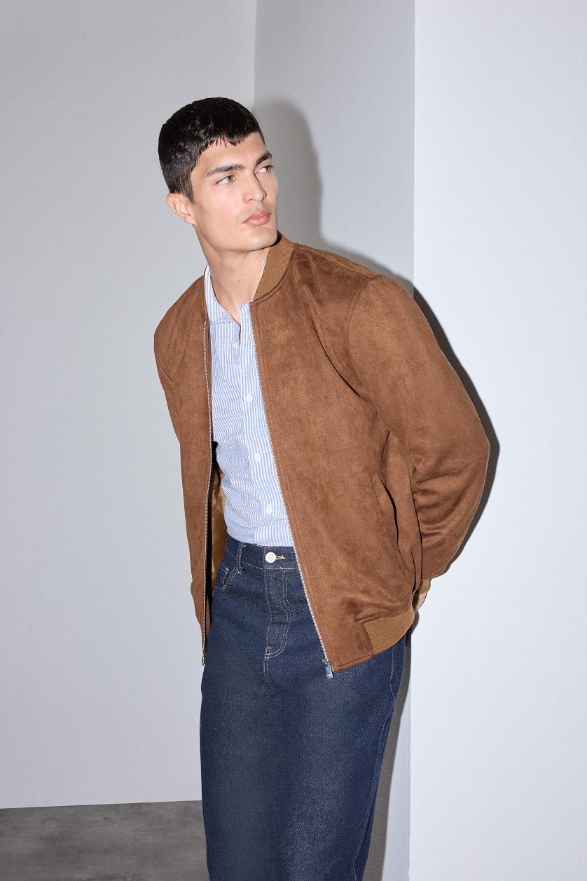 Man Brown Slim Fit College Collar Zippered Suede Bomber Jacket