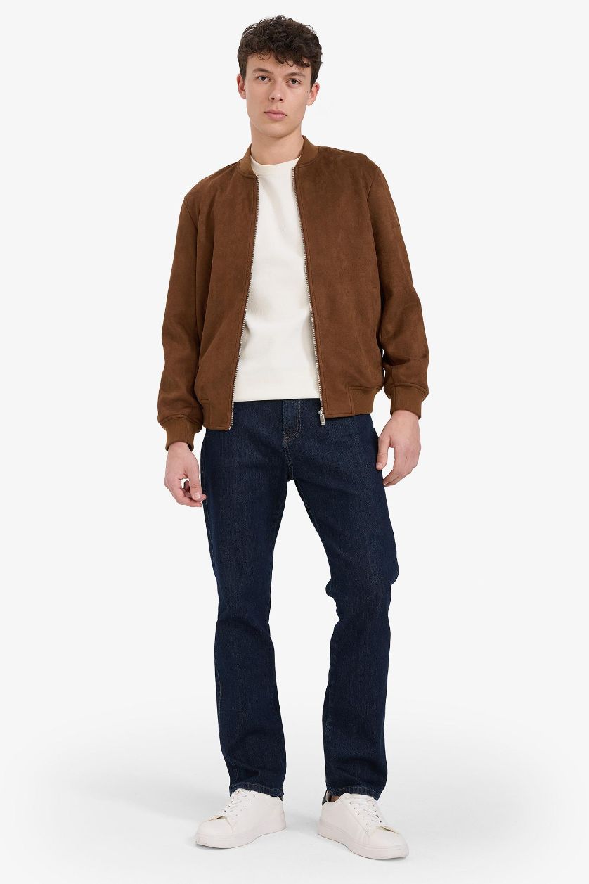 Man Brown Slim Fit College Collar Zippered Suede Bomber Jacket