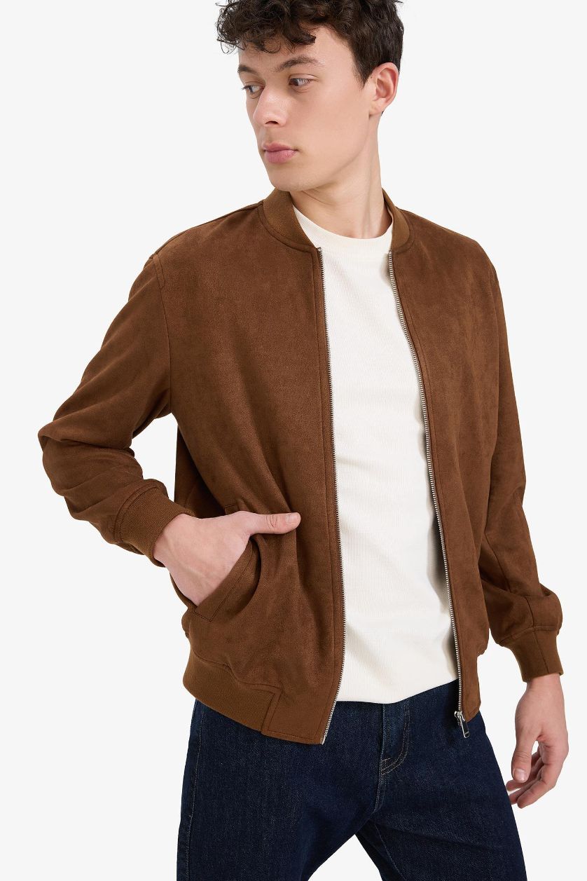 Man Brown Slim Fit College Collar Zippered Suede Bomber Jacket
