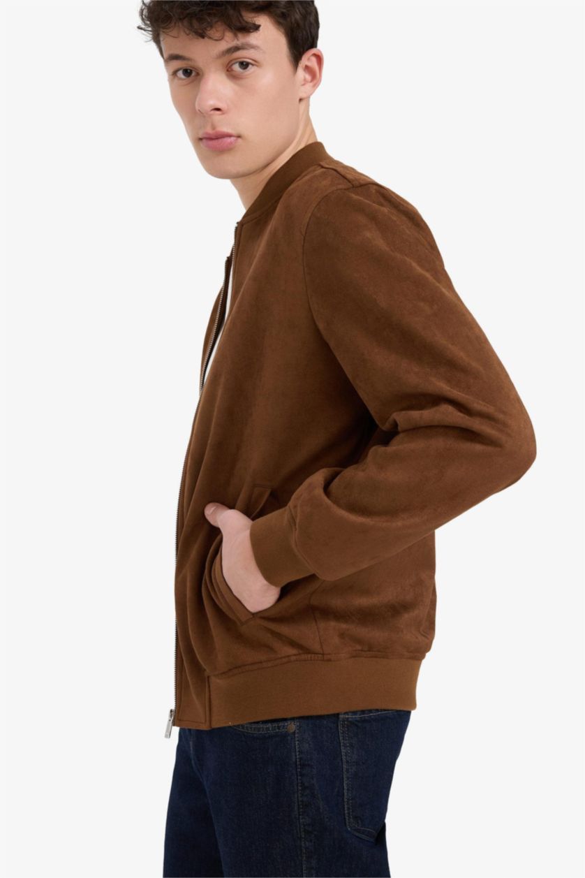 Man Brown Slim Fit College Collar Zippered Suede Bomber Jacket