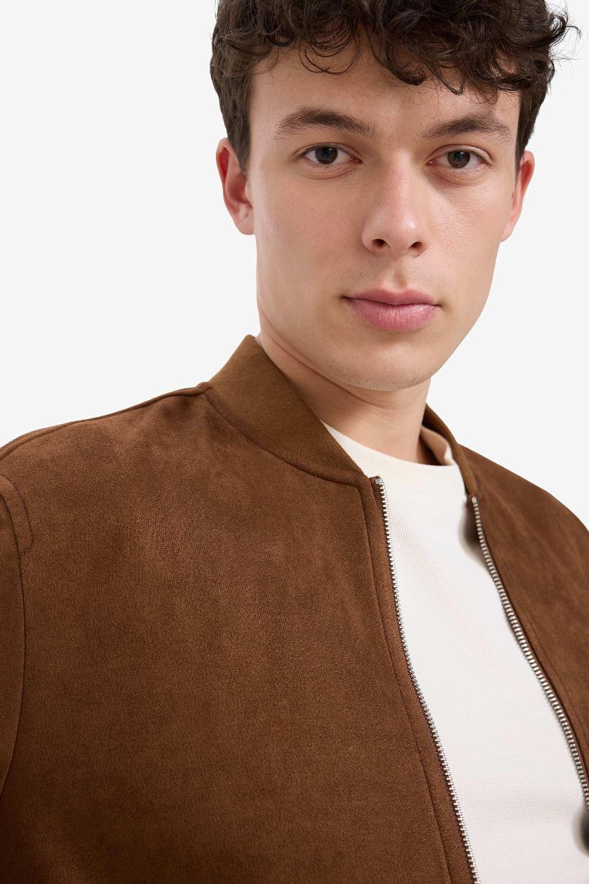 Man Brown Slim Fit College Collar Zippered Suede Bomber Jacket
