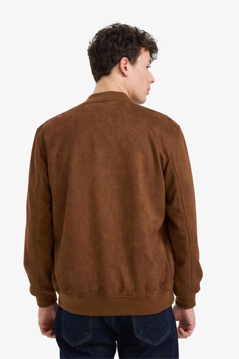 Man Brown Slim Fit College Collar Zippered Suede Bomber Jacket