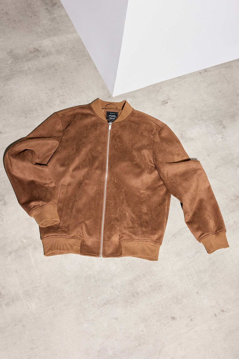 Man Brown Slim Fit College Collar Zippered Suede Bomber Jacket