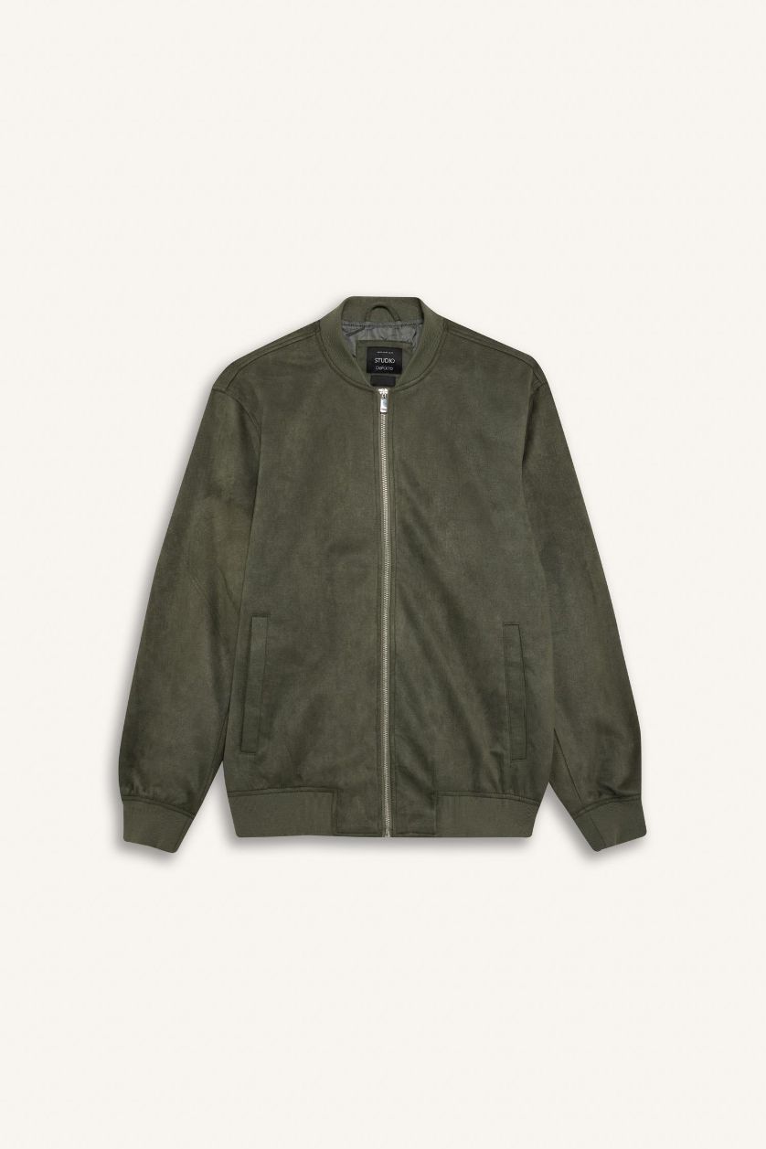 Мужчины Светлый хаки Узкое приталенное пальто из замши с воротником-стойкой и застежкой-молнией