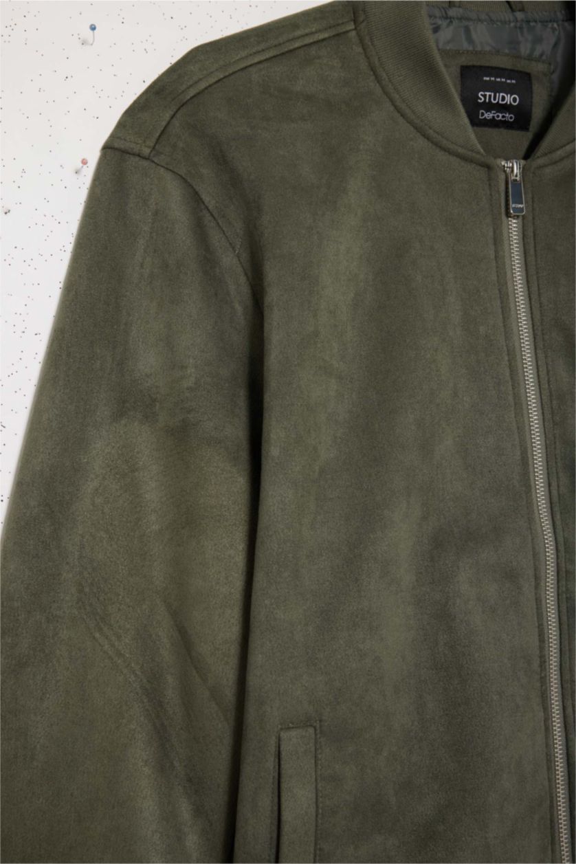 Мужчины Светлый хаки Узкое приталенное пальто из замши с воротником-стойкой и застежкой-молнией