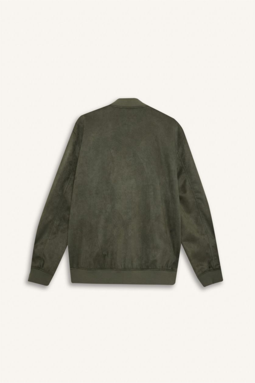 Мужчины Светлый хаки Узкое приталенное пальто из замши с воротником-стойкой и застежкой-молнией