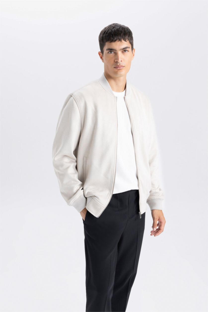 MAN Beige Slim Fit College Collar Bomber Suede Jacket