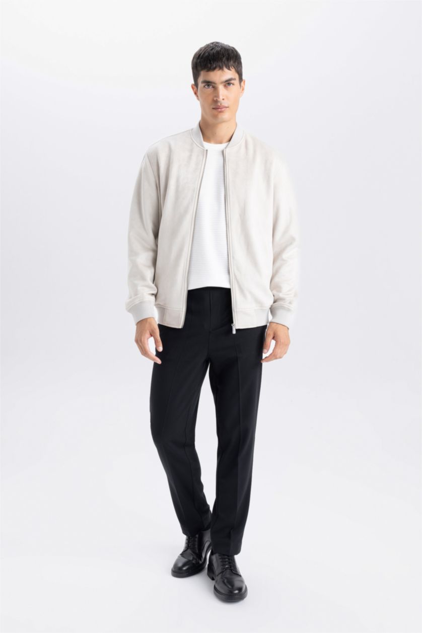 MAN Beige Slim Fit College Collar Bomber Suede Jacket