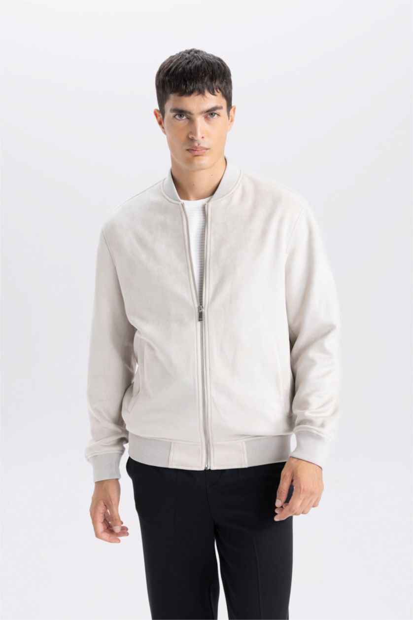 MAN Beige Slim Fit College Collar Bomber Suede Jacket