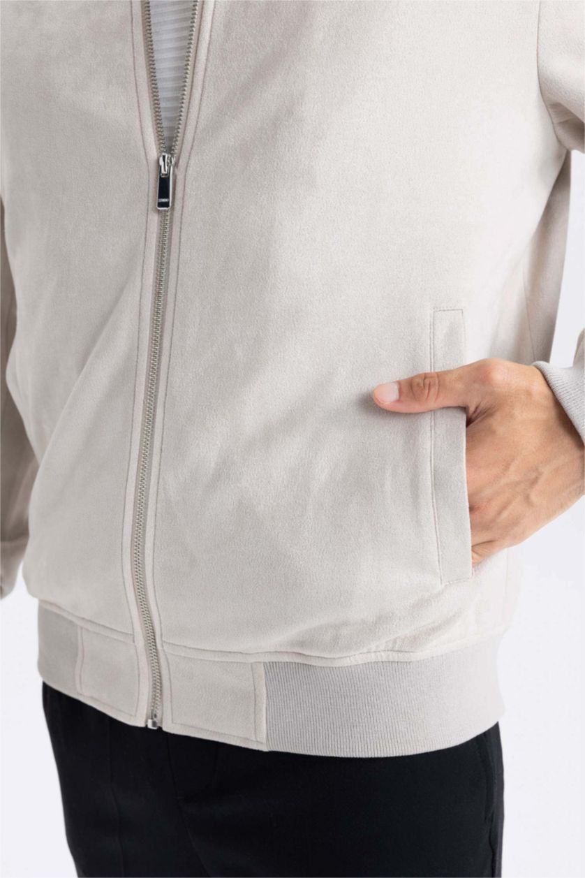 MAN Beige Slim Fit College Collar Bomber Suede Jacket