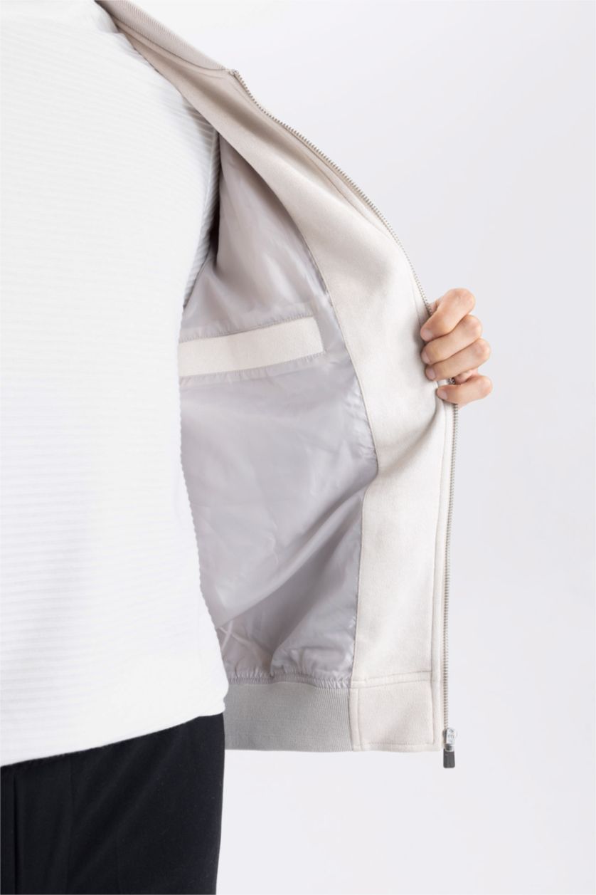 MAN Beige Slim Fit College Collar Bomber Suede Jacket