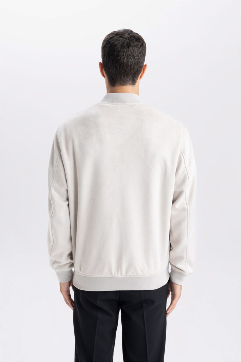 MAN Beige Slim Fit College Collar Bomber Suede Jacket