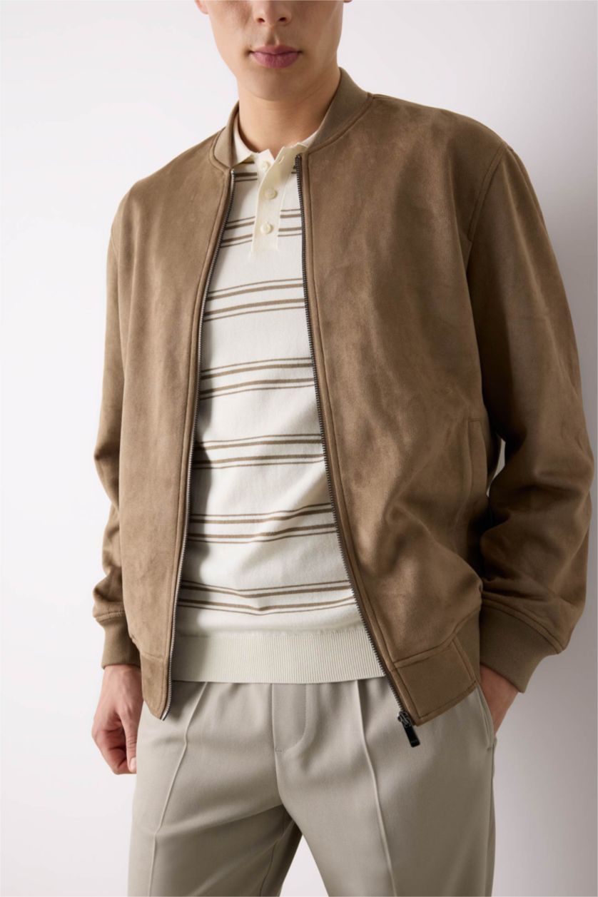 MAN Brown Slim Fit College Collar Zippered Suede Bomber Jacket