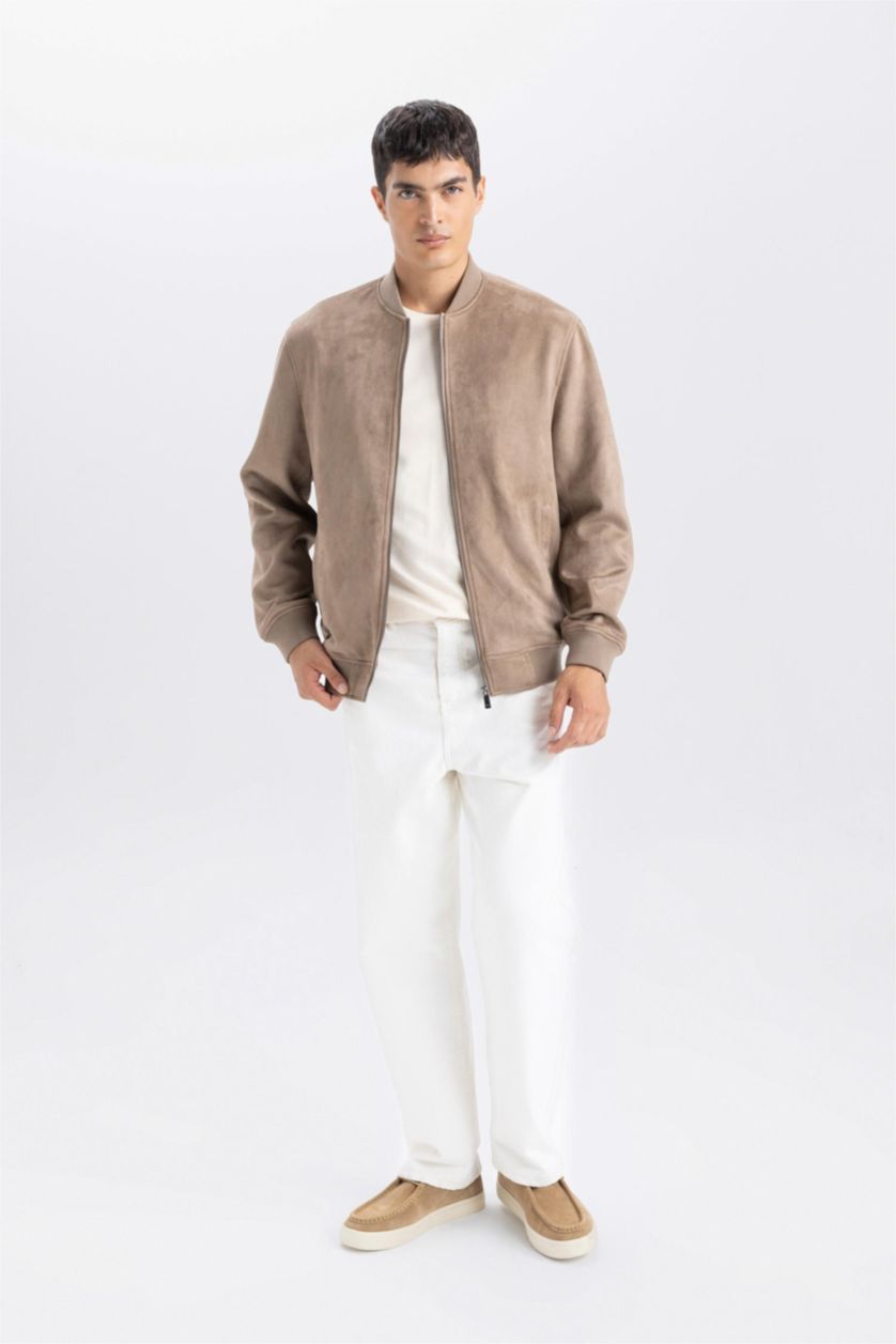 MAN Brown Slim Fit College Collar Zippered Suede Bomber Jacket