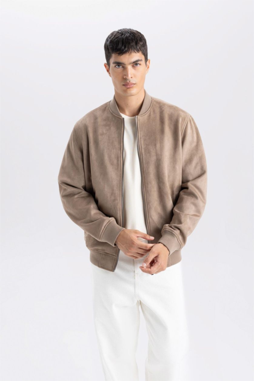 MAN Brown Slim Fit College Collar Zippered Suede Bomber Jacket