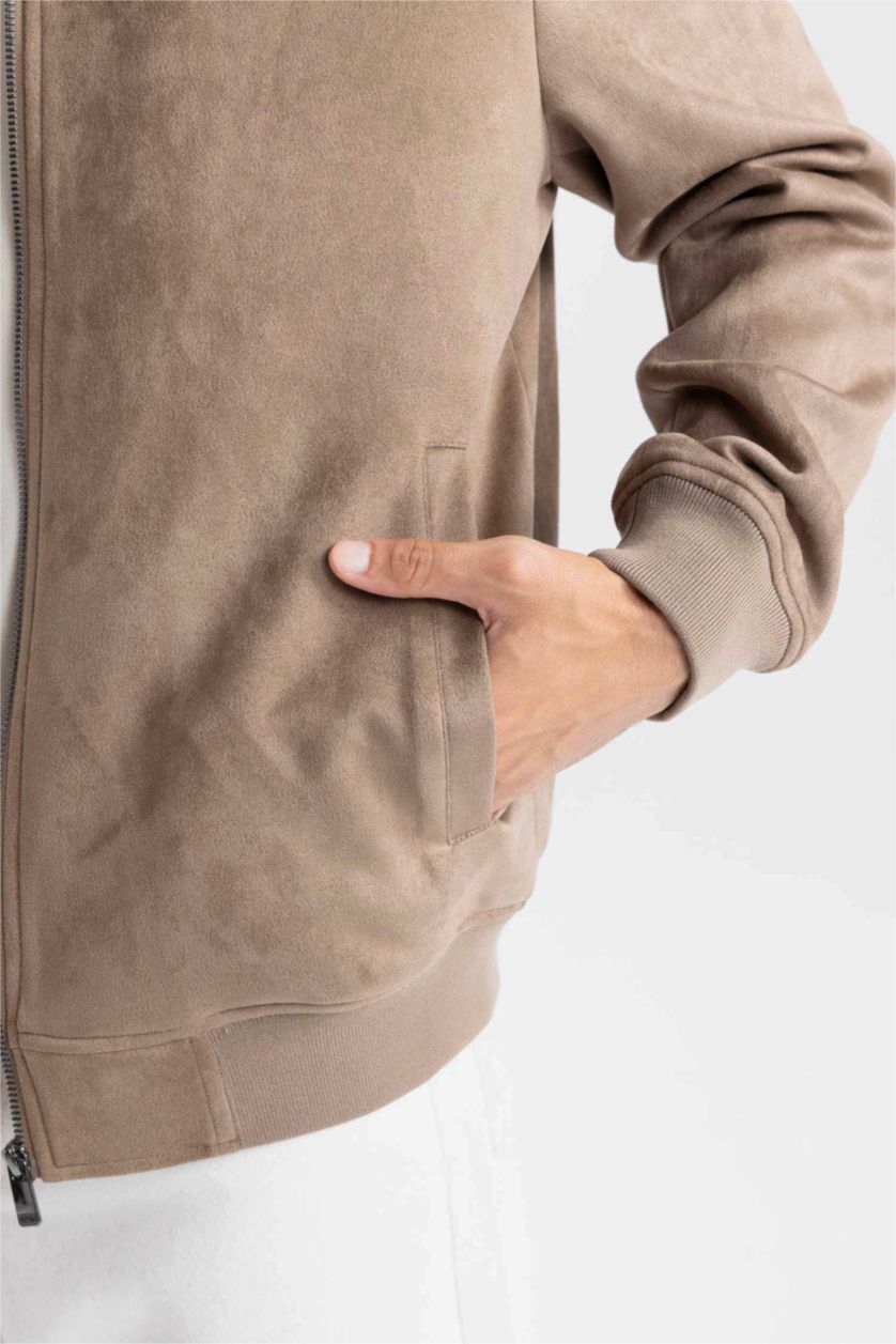 MAN Brown Slim Fit College Collar Zippered Suede Bomber Jacket