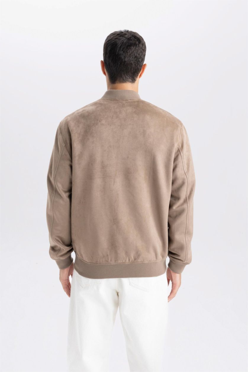 MAN Brown Slim Fit College Collar Zippered Suede Bomber Jacket