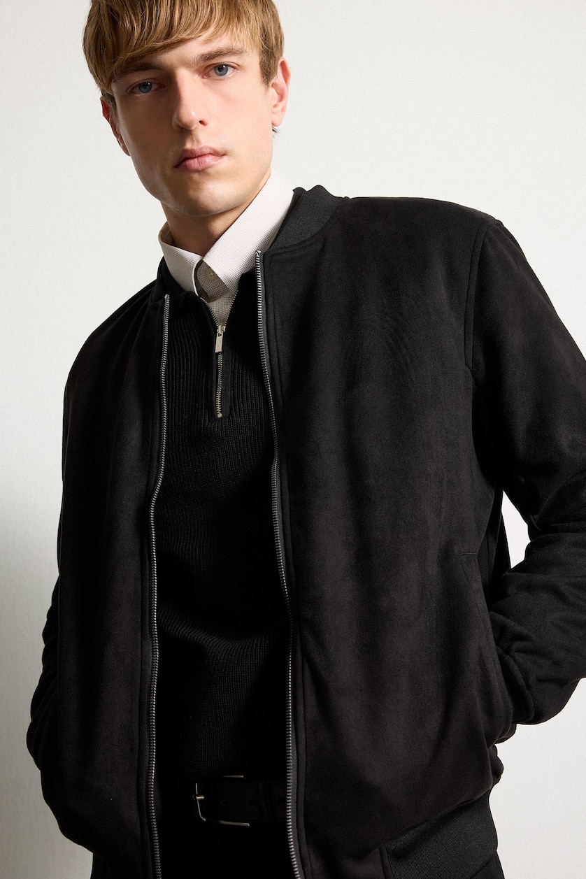 Erkek Siyah Ultra Yumuşak Slim Fit Mevsimlik Bomber Süet Mont Ceket